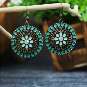Turquoise Floral Medallion Boho Drop Earrings